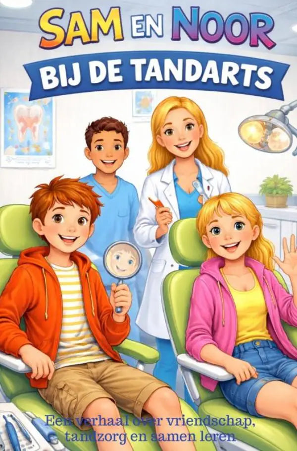 De cover van sam en noor bij de tandarts toont een kleurrijke illustratie in een tandartspraktijk voor jonge lezers