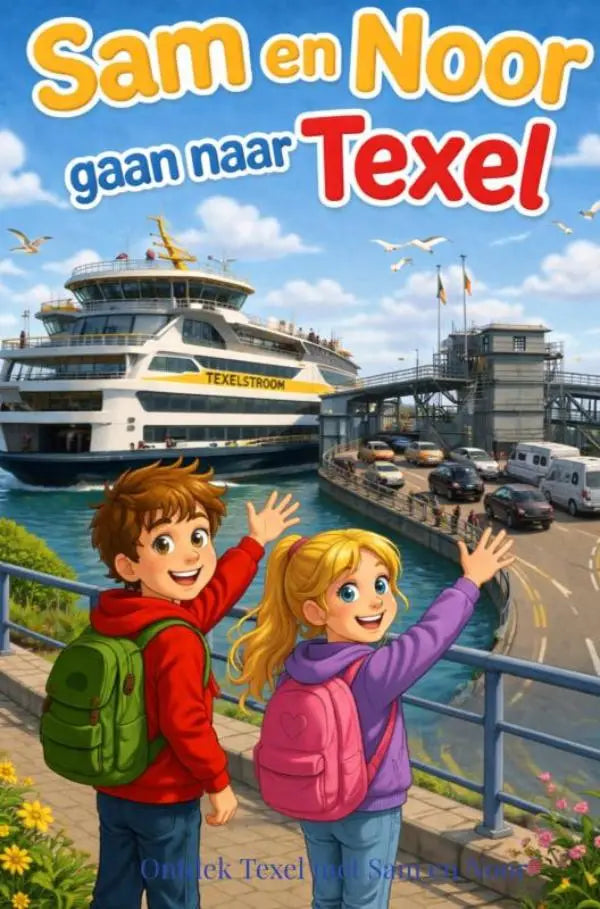 De kleurrijke cover van sam en noor op texel toont jonge lezers sam en noor met rugzakken om ontdek texel te stimuleren