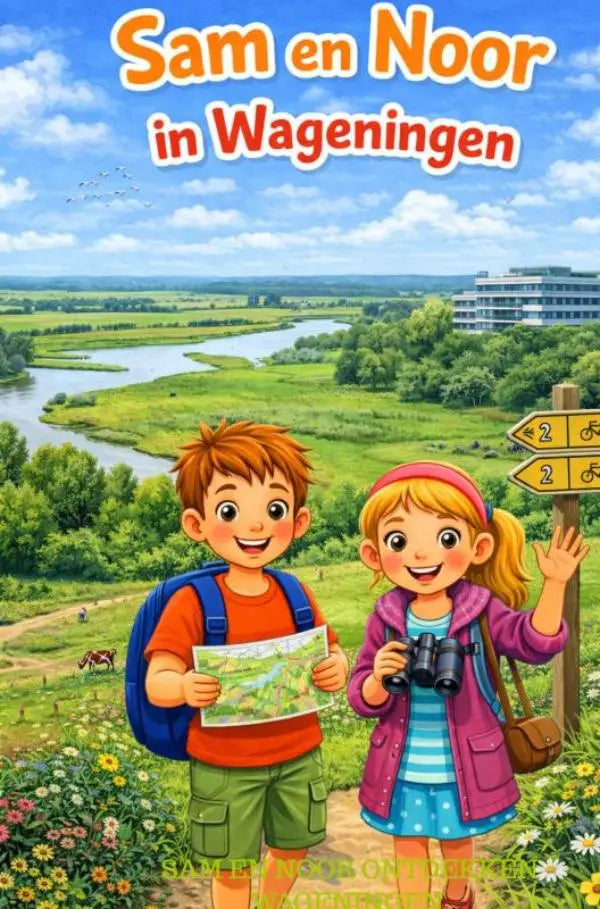 De kinderboekcover van sam en noor in wageningen toont twee cartoon kinderen voor jonge lezers noor ontdekken wageningen