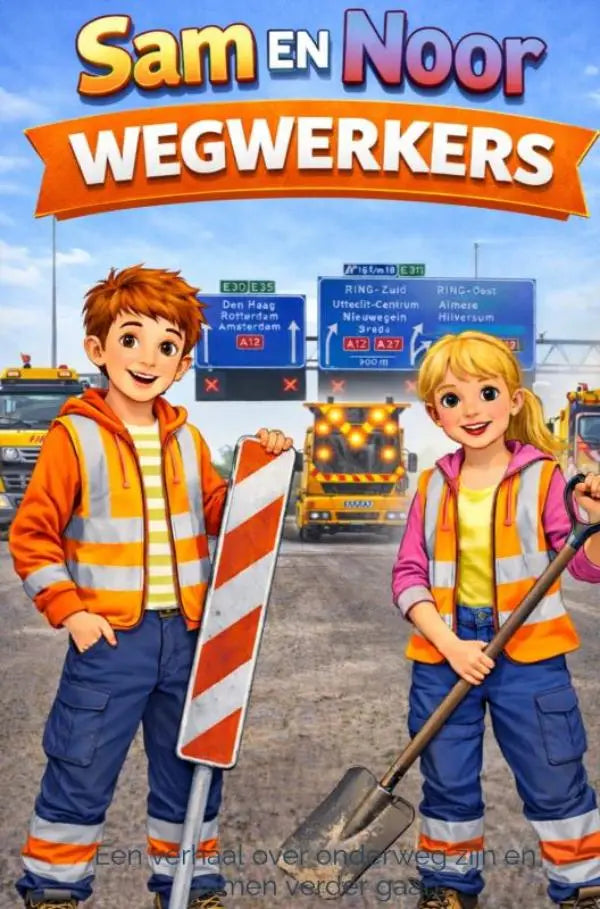 Twee cartoon kinderen in oranje en witte reflecterende vesten bij bouwborden in sam en noor wegwerkers voor jonge lezers
