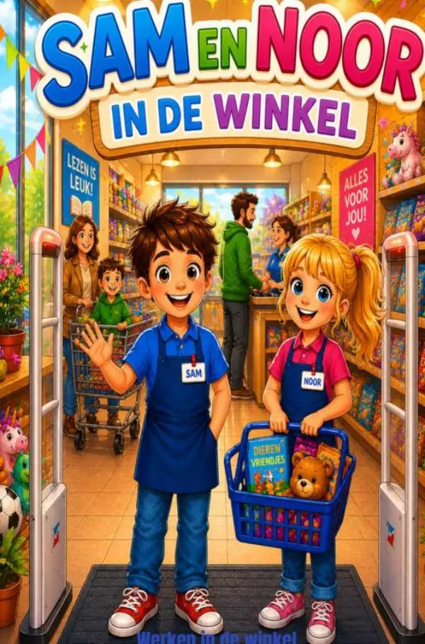 Blauwe schort gedragen door cartoonfiguur sam in kinderspeelwinkel sam en noor in de winkel werken in de winkel