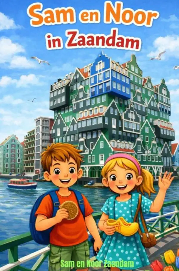 Children’s book cover sam en noor in zaandam with cartoon children on a bridge and traditional dutch canal houses for jonge lezers