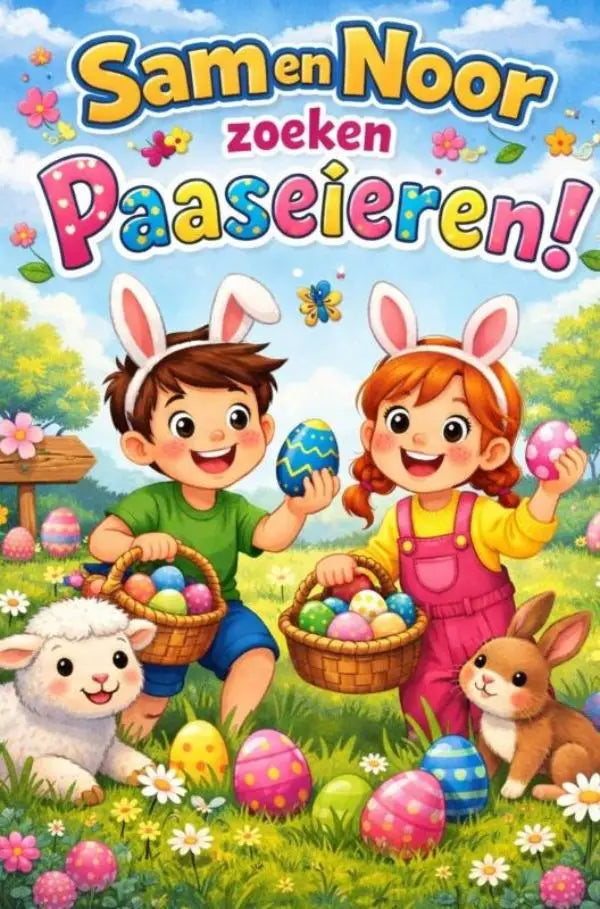 Cover van het kleurrijke kinderboek sam en noor zoeken paaseieren met twee lachende kinderen met konijnenoren
