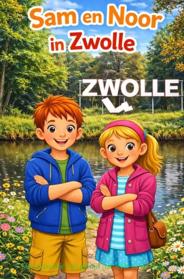 De boekcover van sam en noor in zwolle toont twee cartoon kinderen bij een rivier voor jonge lezers
