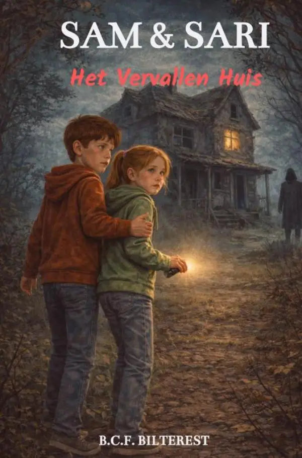 De boekcover van sam en sari deel 3 toont een vervallen huis en twee kinderen voor jonge lezers