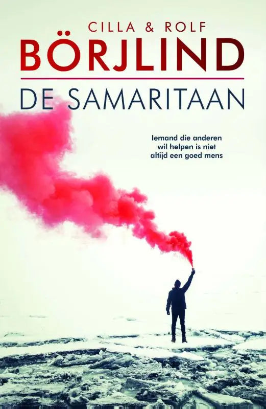 De boekcover van de roman De samaritaan toont grote rode en zwarte tekst op een witte achtergrond met de titel börjlind