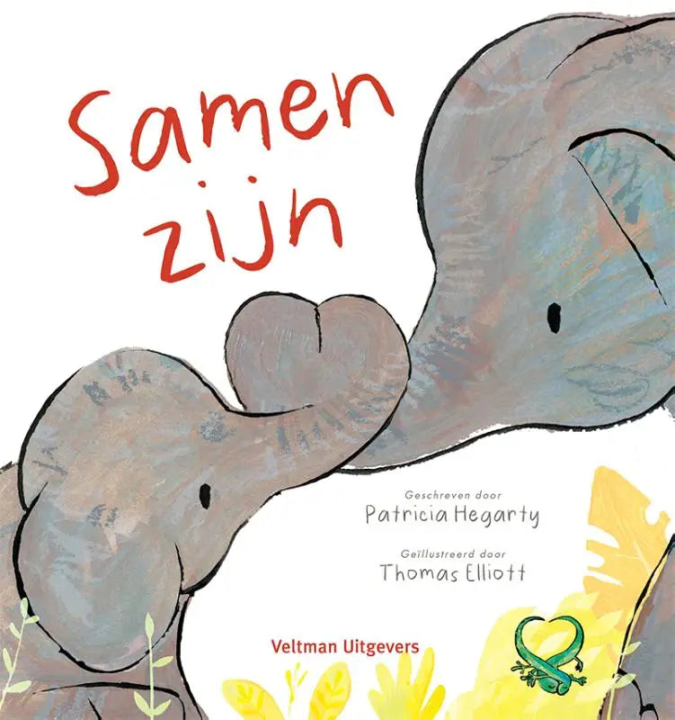 Een zachte grijze geïllustreerde boekcover van samen zijn met twee olifanten voor jonge lezers