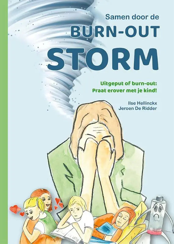 The book cover of Samen door de burn-out storm shows a blue burn-out storm illustration for jonge lezers