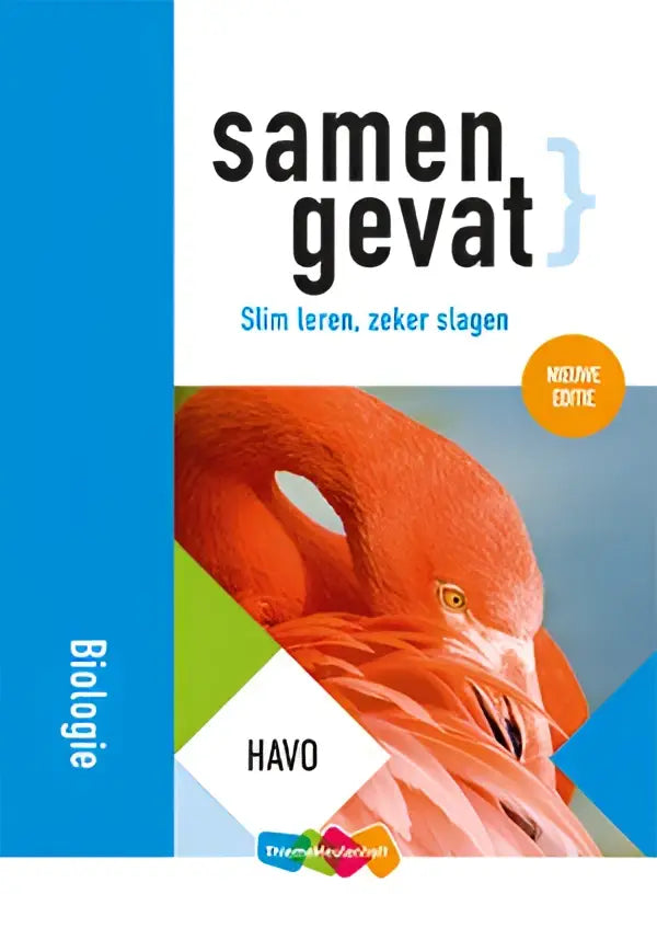 De cover van samengevat biologie toont een levendige roze flamingo met gedetailleerde veren tegen een witte achtergrond