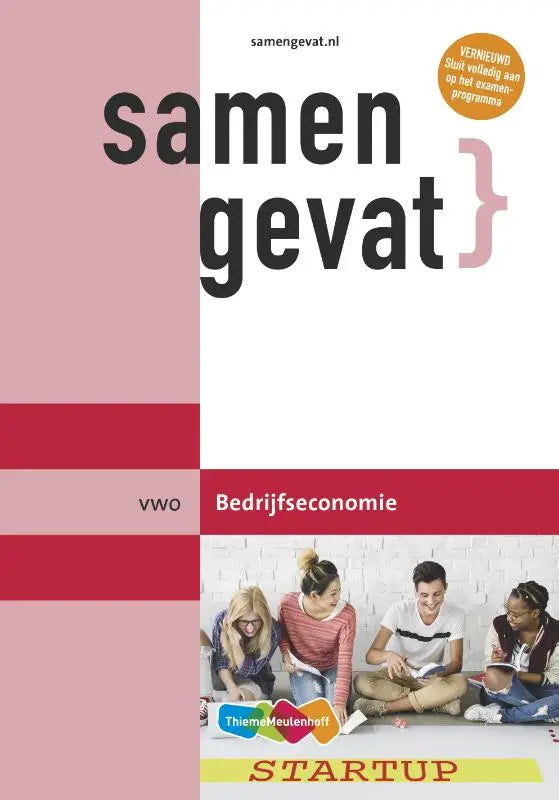 De voorkant van het Samengevat vwo bedrijfseconomie boek van ThiemeMeulenhoff met zwart-roze typografie