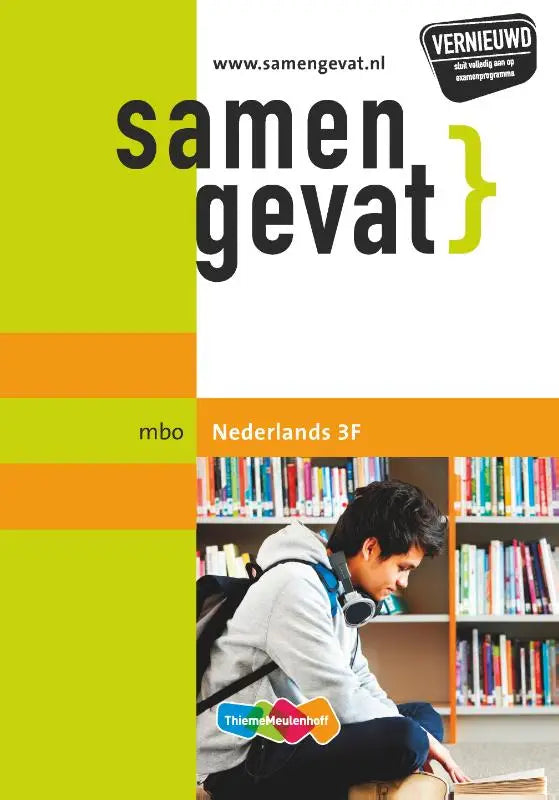 Vibrant lime green and orange striped cover of the Samengevat Dutch textbook for mbo level 3f