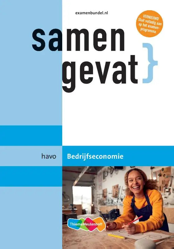 Blauw-witte cover van het samengevat havo bedrijfseconomie leerboek door thiememeulenhoff
