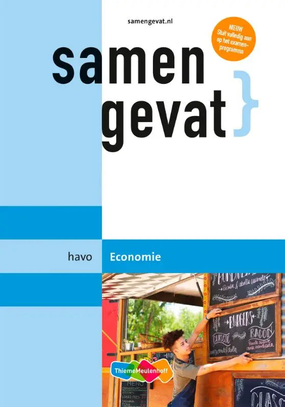 Blue and white paperback textbook cover for samengevat havo economics by thiememeulenhoff for study use