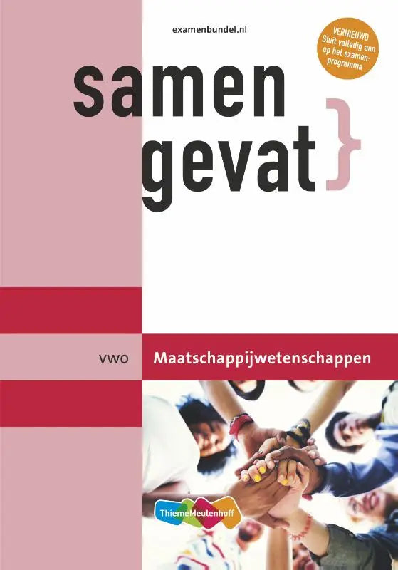 De cover van het samengevat vwo maatschappijwetenschappen examenvoorbereidingsboek met roze en rode panelen en gekruiste handen