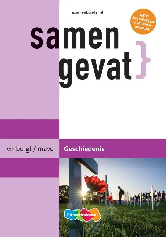 Paars-witte boekcover van samengevat door thieme meulenhoff met rode klaprozen voor oorlogsmonumenten