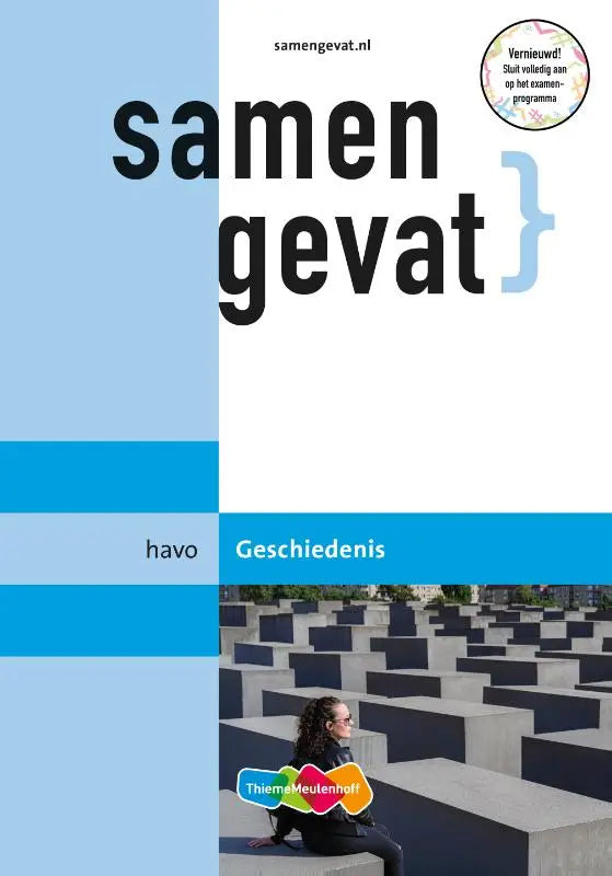 Cover van een havo geschiedenisboek samengevat door thiememeulenhoff met zwarte tekst op blauw-witte panelen en vrouw bij gedenkstenen