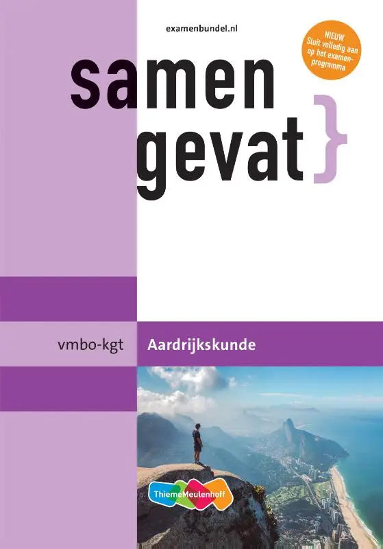 Paars-witte samengevat vmbo-kgt aardrijkskunde leerboek met afbeelding van persoon op klif met uitzicht op kuststad