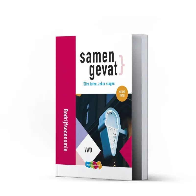 Een hardcover samengevat vwo bedrijfseconomie boek met magenta rug en neon ijsje op witte voorkant