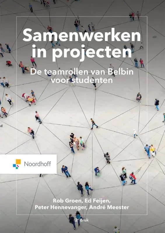 De boekcover van samenwerken in projecten toont witte tekst op luchtfoto van netwerk van mensen door andré meester peter hennevanger rob groen