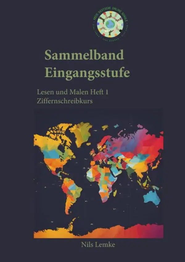 Donkerblauw werkboek sammelnband eingangsstufe lezen und malen met kleurrijke geometrische wereldkaart ontwerp
