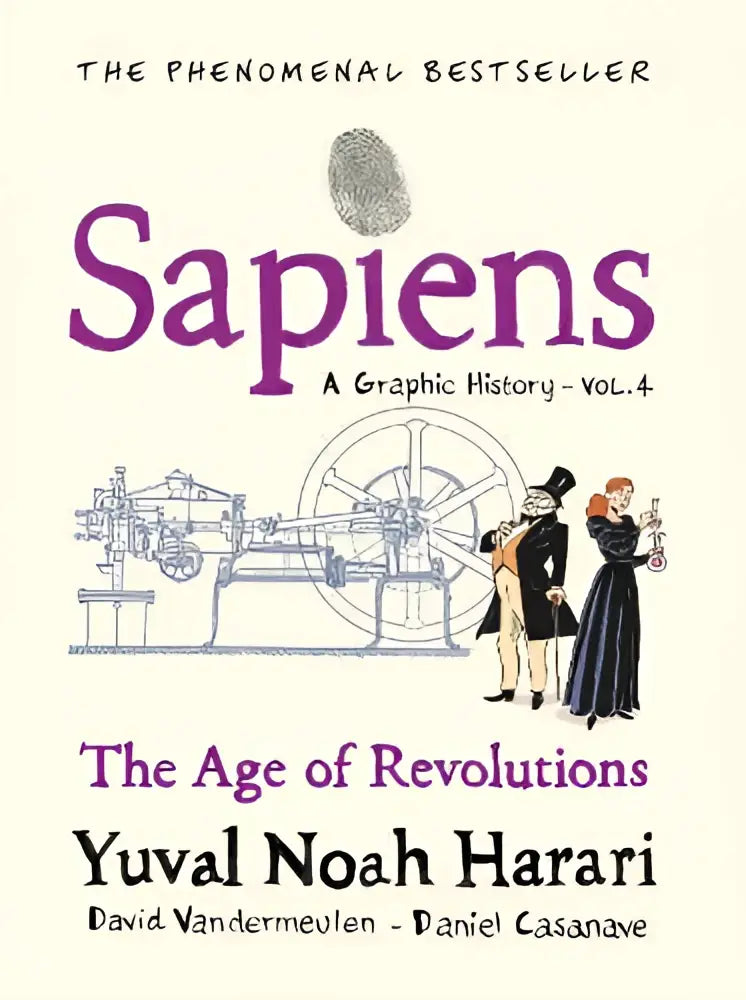 Paars omslag van sapiens a graphic history volume 4 boek in graphic history serie van yuval noah harari