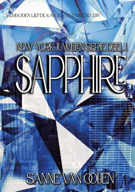 Blauwe geometrische boekenlegger met titel sapphire in witte letters uit de new york juwelen serie
