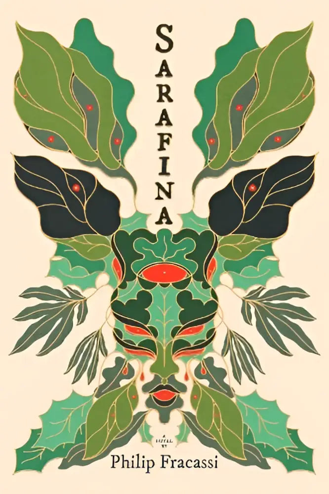 Sarafina boekcover met symmetrisch gezicht van groene en zwarte bladeren met rode accenten