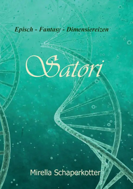 Tealbibliotheek met doorschijnend dna-dubbelhelixontwerp, satori als titel in elegante witte letters, door mirella schaperkotter