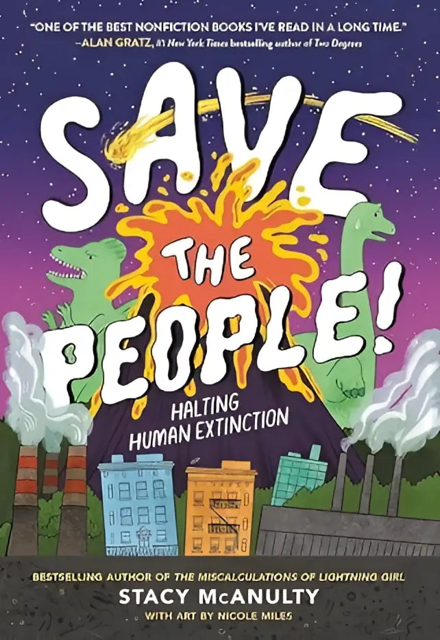 De vibrante boekcover van save the people toont twee groene dinosaurussen naast rokende fabrieken onder een paarse kosmische lucht
