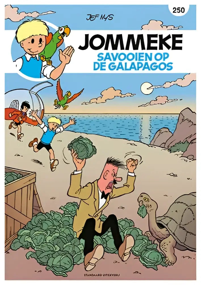 De cover van het jommeke stripboek savooien op de galapagos door jef ijs met levendige kleuren en dynamische personages