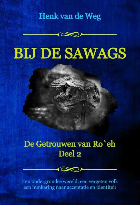 Donkergrijze, getextureerde slangenkopillustratie centraal op diepblauwe omslag van het boek bij de sawags