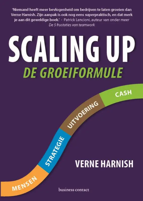 Paarse boekomslag van scaling up door verne harnish met grafiek over strategie, uitvoering en cash binnen management algemeen