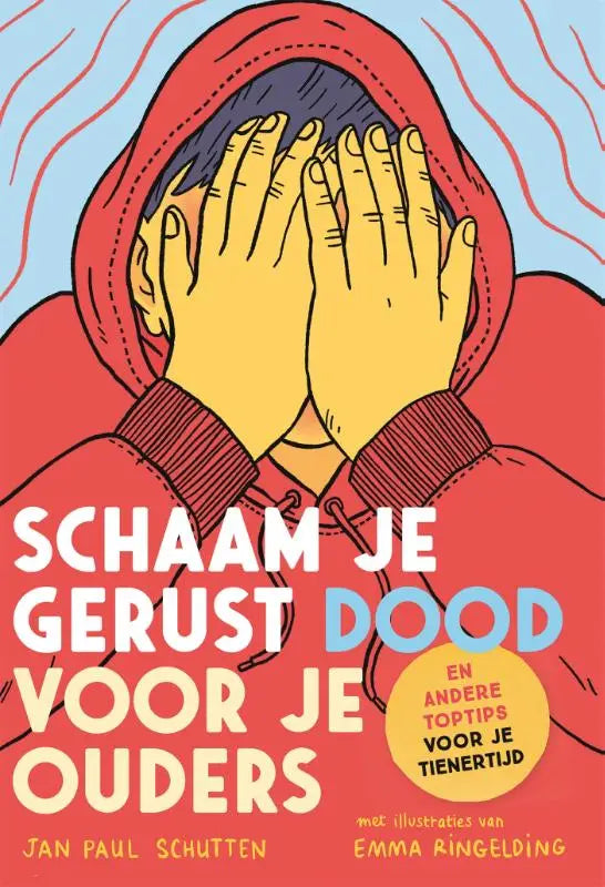 Een levendige rode hooded sweatshirt met illustratie van handen voor het gezicht geschikt voor gerust dood en andere toptips
