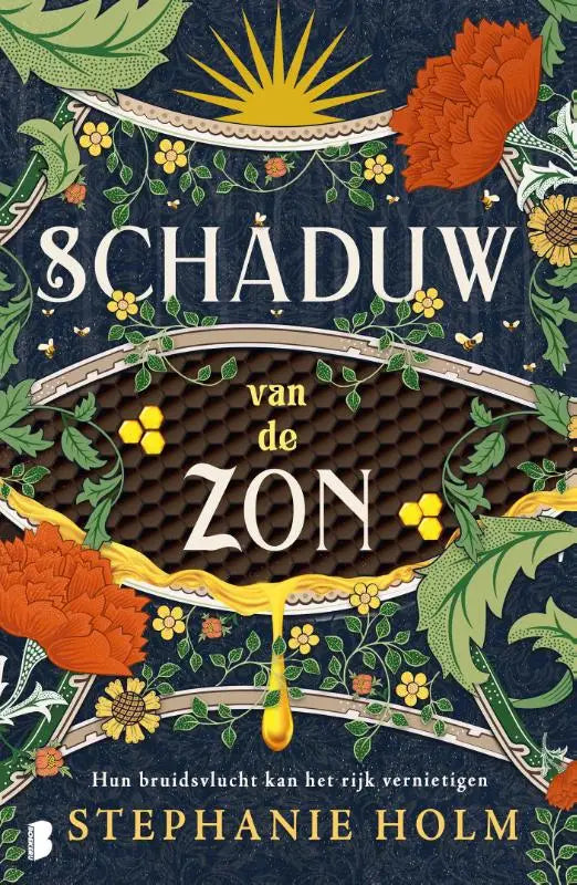 De boekcover van schaduw van de zon toont een donkerblauwe achtergrond met bloemmotieven en gouden honingraat voor rijk vernietigen