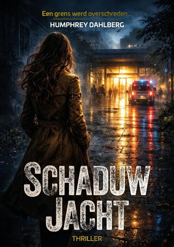 Een vrouw draagt een donkerbruine trenchcoat op een natte straat bij nacht schaduwjacht productfoto