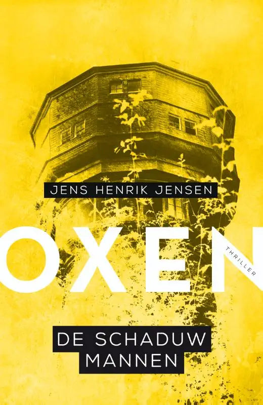 Gele boekomslag van de roman oxen door jens henrik jensen met zwart-wit tekening van octagonale gebouw en wijnstokken