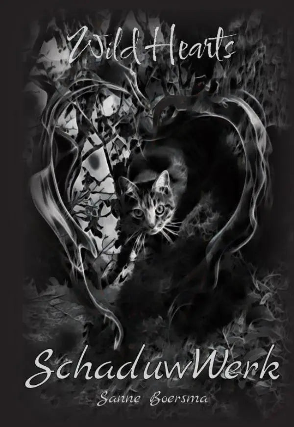 Zwart-wit geïllustreerde boekcover van schaduwwerk met kat in abstract hartvormig ontwerp