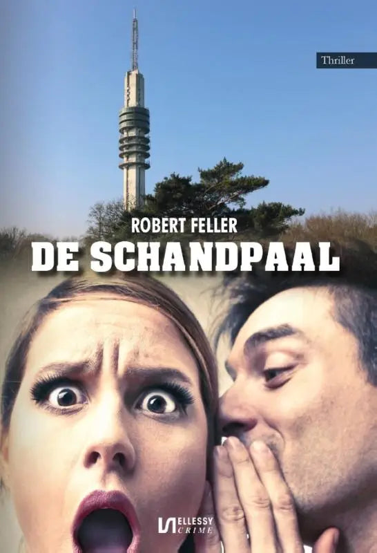 De cover van de thrillerroman de schandpaal van robert feller toont een vrouw die geschrokken reageert terwijl een man fluistert bij een zendmast