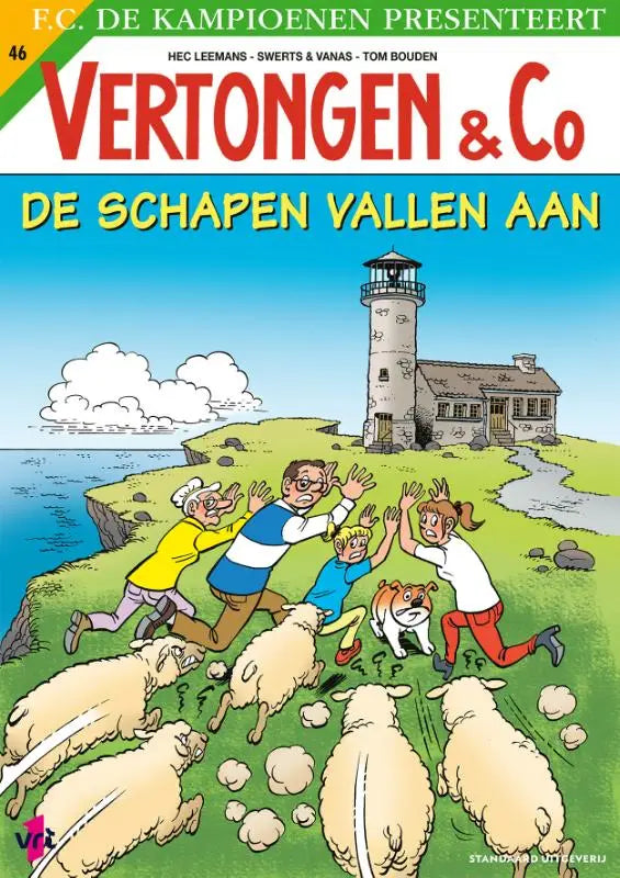 Vertongen & co strips algemeen cover van de comic de schapen vallen aan met vuurtoren en schapen afbeelding
