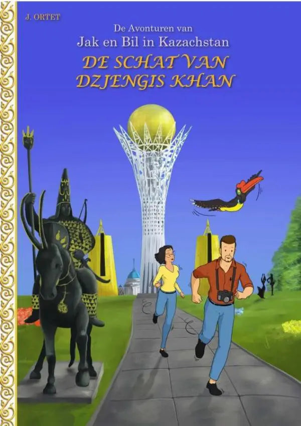 De kleurrijke cover van het kinderboek de schat van dzjengis khan met avonturen van jak en bil in kazachstan