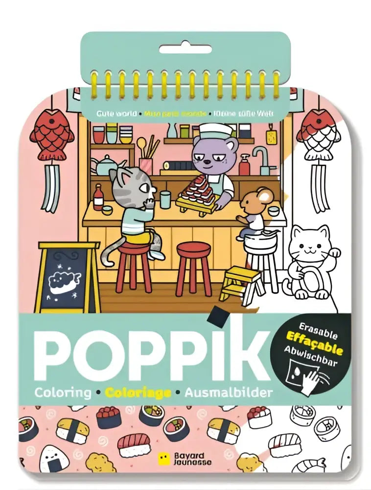 Poppik kleurboek schattige wereld met schattige cartoon keuken en katten met sushi thema illustraties