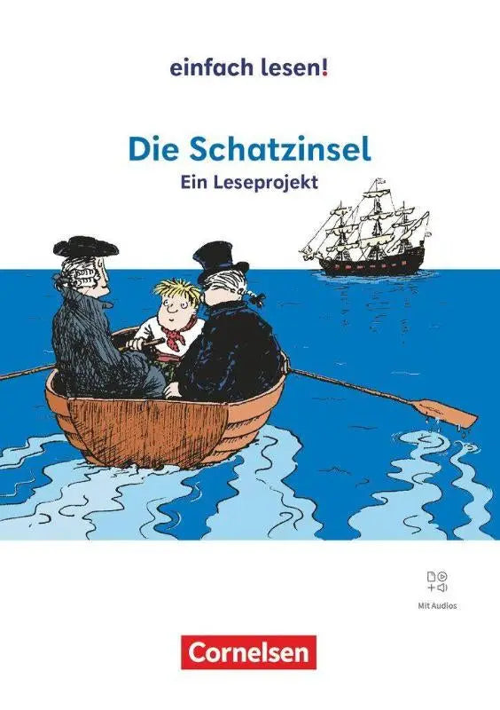De cover van de kindersboek die schatzinsel van cornelsen toont een eenvoudig lezen illustratie van drie karakters in een roeiboot op blauw water met een zeilschip op de achtergrond, taalkundig vereenvoudigd naar robert louis stevenson