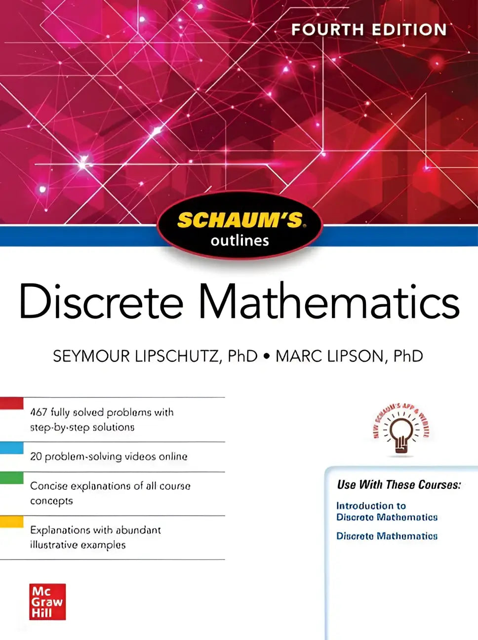 Schaum’s outline of discrete mathematics fourth edition textbook with red and pink geometric cover by lipschutz and lipson