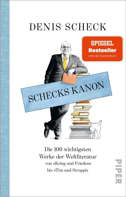 De boekcover van schecks kanon toont een zwartwit illustratie van een man met rode map bij wichtigsten werke van krieg und frieden
