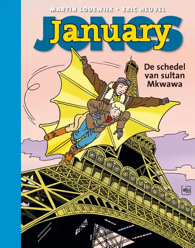 Gele vleugels in vliegende machine met cartoonpiloot boven eiffeltoren voor sultan mkwawa van martin lodewijk algemeen publiek
