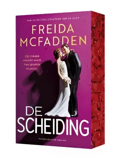 Boekcover van de psychologische thriller de scheiding van freida mcfadden met bedrukt boekblok en paarse en rode kleuren