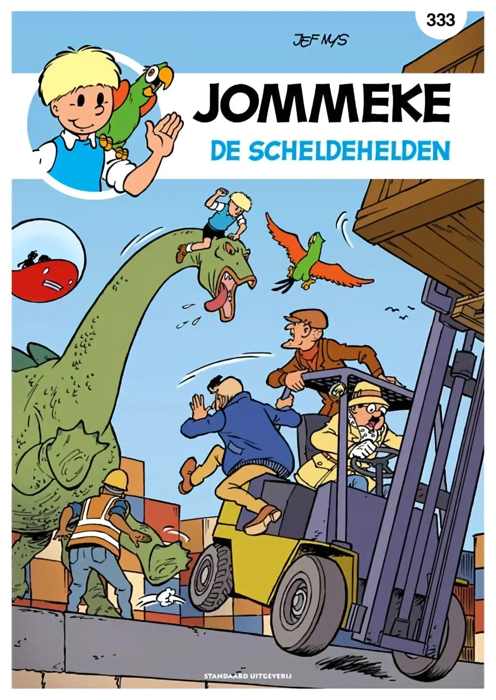 De cover van de jommeke strip de scheldehelden door jef nys toont een groene dinosaurus en een vliegende papegaai