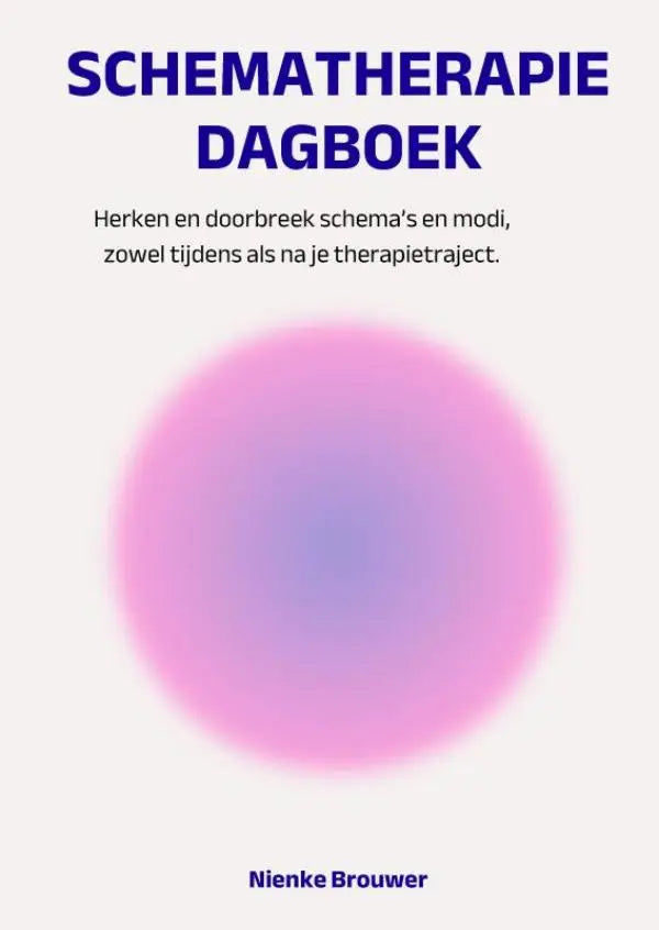 Minimalistische cover van het schematherapie dagboek met roze paarse cirkel en blauwe tekst om doorbreek schema’s te ondersteunen