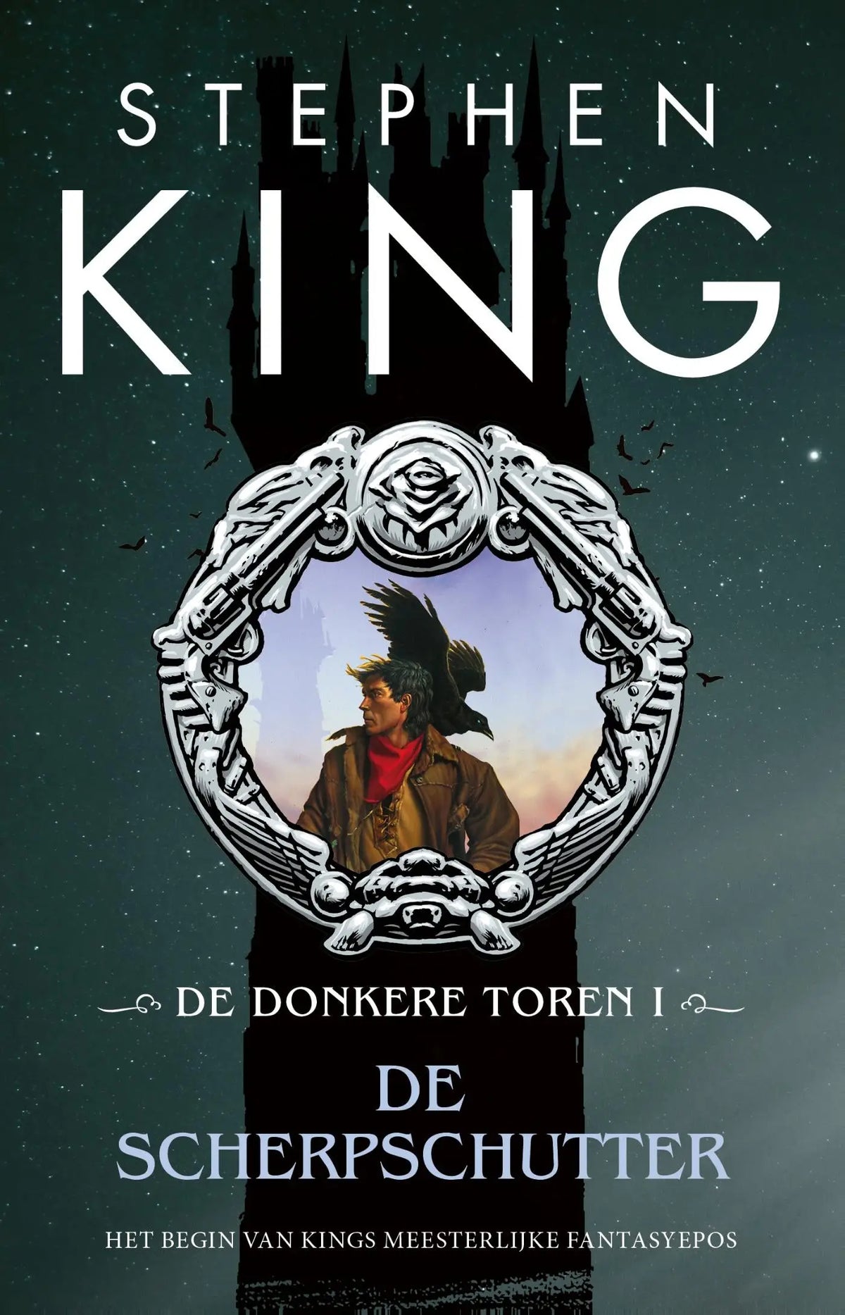 Zilver ornate boekomslag van de scherpschutter met man en kraai illustratie en wapenmotieven stephen king donkere toren luitingh sijthoff