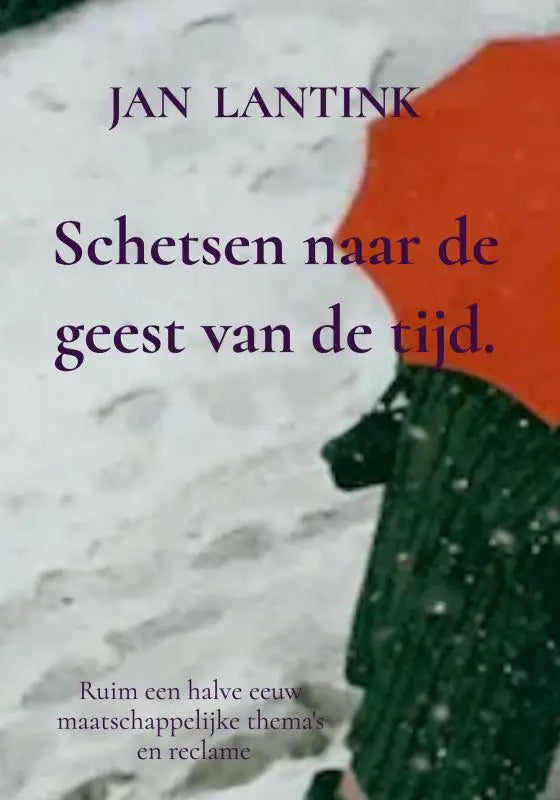 Een levendige rode paraplu vastgehouden door een persoon in een donkergroene jas tegen een besneeuwde achtergrond in halve eeuw maatschappelijke context